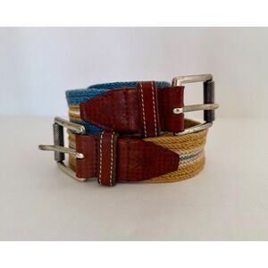 Martin Dingman Men's 35 Preppy Striped Woven Canvas & Leather Belt Made in Italy
